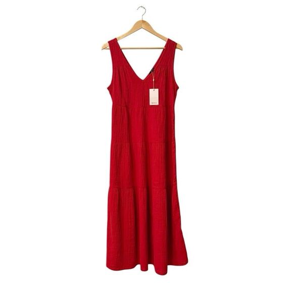 Quince Organic Cotton Gauze Tiered Maxi Dress Size Medium Red NWT - Picture 1 of 10